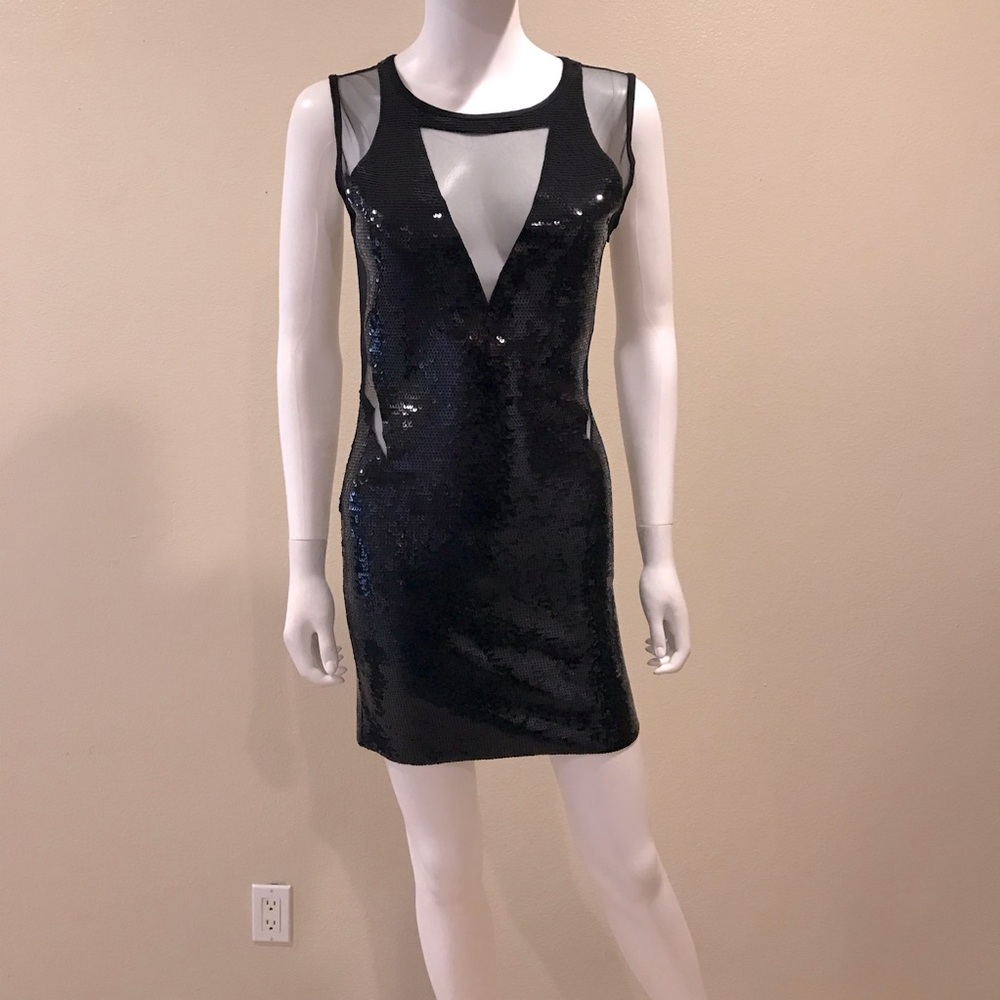 Black Sequins Mini Dress NEW Womens Size XS Extra Small Mesh Party Club Chic - Picture 5 of 14